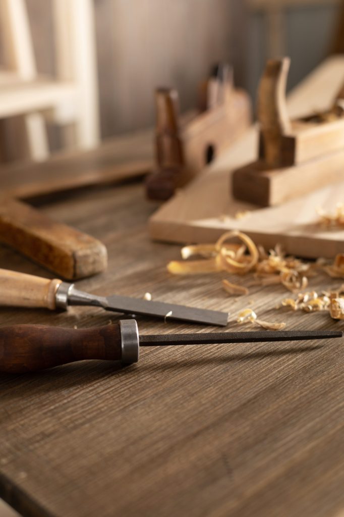 Woodworking tools on wooden table. Wood working or joiner tool