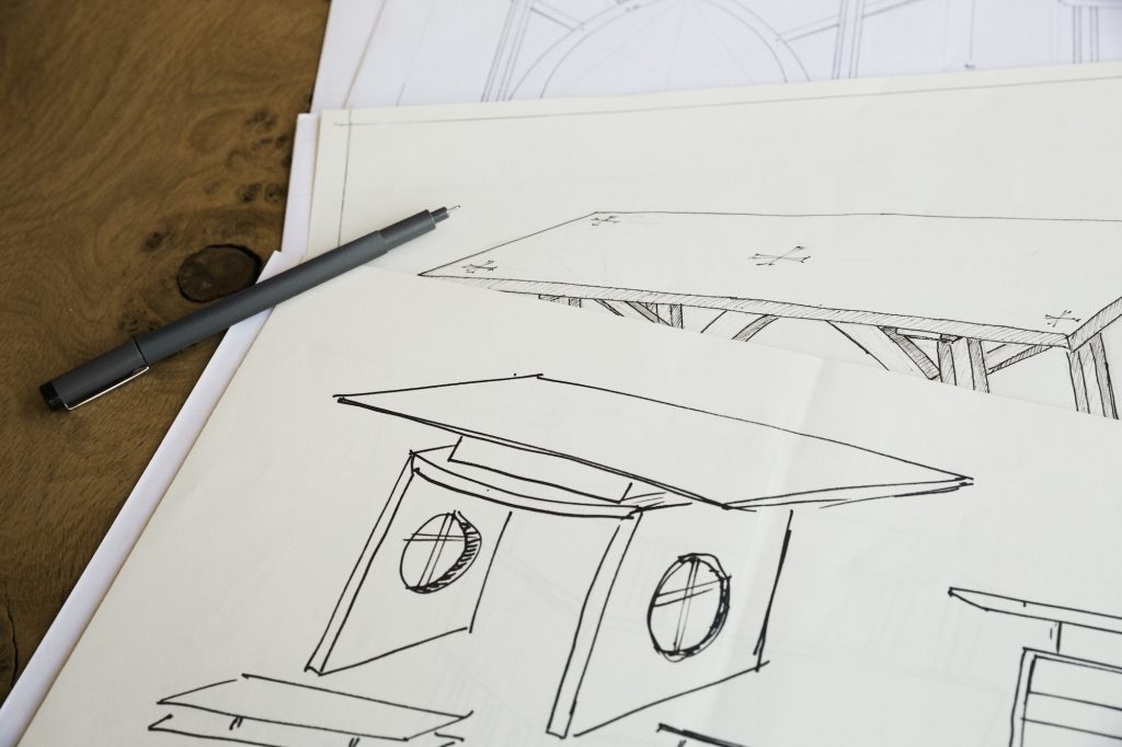 Close up of design drawings for furniture, a table.